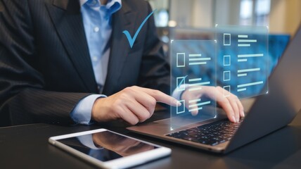 Businessperson Completing Online Survey or Checklist on Laptop