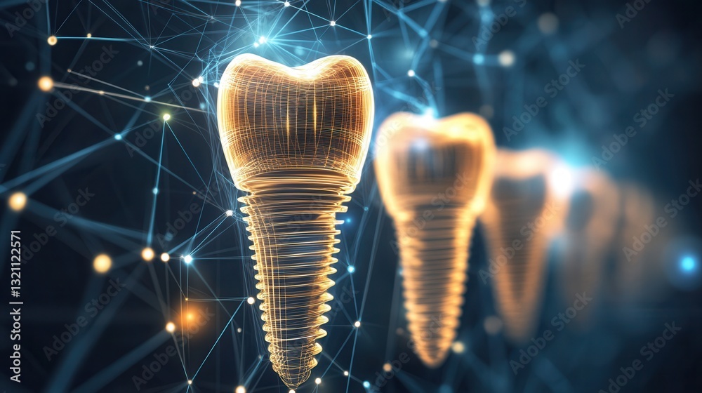 Poster Dynamic abstract background with glowing golden waves representing the healing and strengthening of dental implants through futuristic design