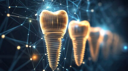 Dynamic abstract background with glowing golden waves representing the healing and strengthening of dental implants through futuristic design