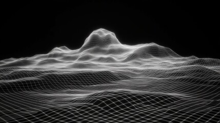 An intriguing wireframe depiction of an abstract mountain landscape, highlighting the intersection of technology and nature through geometric shapes and lines.