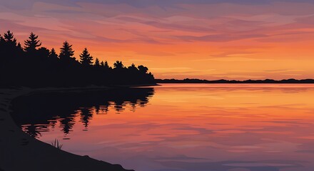 Obraz premium Calm Lake at Sunset with Forest Silhouette and Colorful Sky Reflection