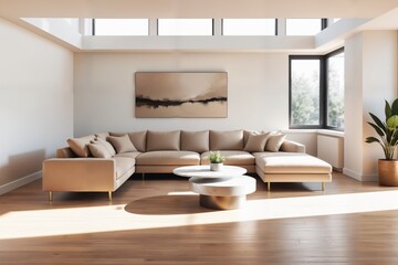 Minimalistisches Wohnzimmer mit neutralen Farben. Ein modernes, beigefarbenes L-förmiges Sofa steht auf hellem Eichenboden. Ein runder Marmortisch mit Pflanze ergänzt das Design. 