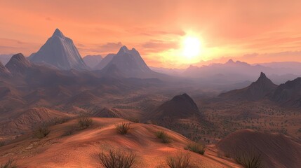 Naklejka premium Breathtaking desert panorama, majestic mountains and expansive sky in a serene landscape