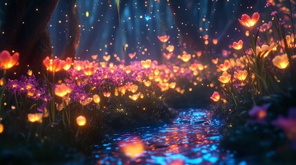 Fototapeta premium Enchanted forest path with glowing flowers and stream. Magical, dreamy, fantasy landscape. Perfect for fairytale, fantasy, and nature themes.