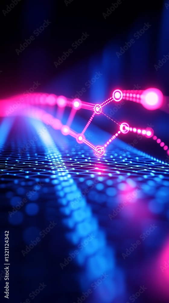 Poster futuristic data network connection, abstract grid with glowing nodes