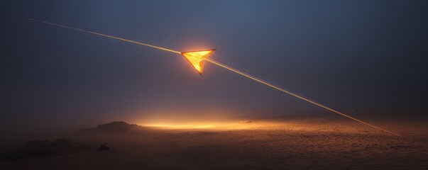 Illuminated kite flying at night over misty beach with glowing trails