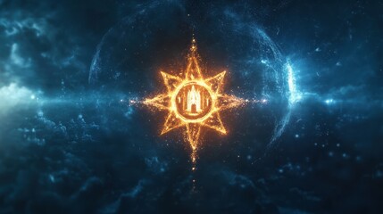 An abstract visual of world religions coming together in a single glowing emblem, symbolizing peaceful coexistence