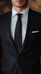 A sharply dressed man in a black suit and tie with a white pocket square standing in a formal setting

