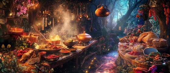 Obraz premium Enchanted forest kitchen scene. A mystical feast is prepared with steaming potions, meats, and magical ingredients. Perfect for fantasy, fairytale, and magical themes.