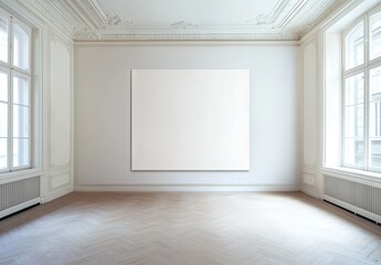 Empty gallery space with large blank canvas