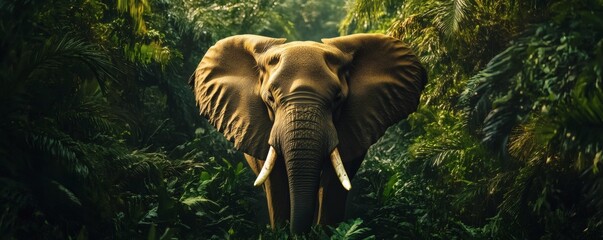 A large elephant stands majestically in the lush green jungle environment
