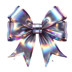 3D render of a bow on a transparent background. Holographic sparkling element in Y2K style. Liquid chrome, vintage girly accessory in pastel pink color, icon, metal surface