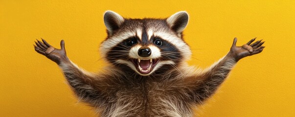 Obraz premium A raccoon with arms outstretched and a fierce expression on its face