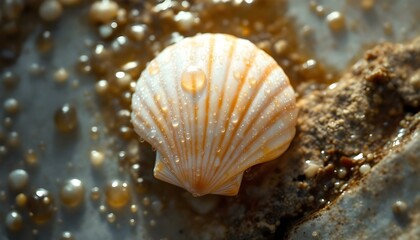 A shell with a lot of water droplets on the surface
