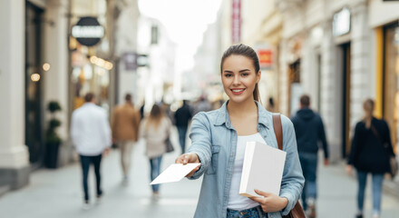 Young female promoter engages pedestrians while distributing flyers in a busy city street