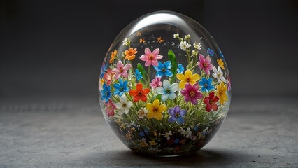 A piece of paperweight containing a variety of small, colorful flowers and leaves encased in a transparent glass sphere. The flowers and leaves are arranged in a circular pattern
