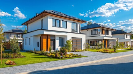 Obraz premium Newly constructed houses showcase contemporary architecture, featuring spacious yards and vibrant gardens along a well-maintained pathway on a sunny day