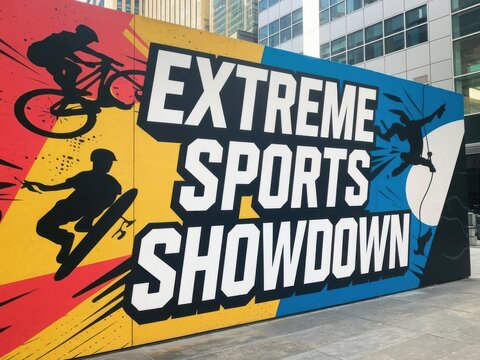 Dynamic urban art display featuring extreme sports event announcement
