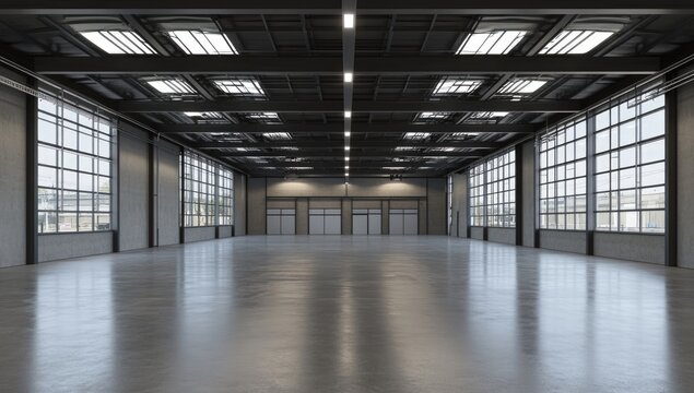 Empty, modern industrial warehouse space with large windows and high ceilings.  Spacious and versatile interior, ideal for many uses