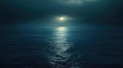 Fototapeta premium Dark sky idea. A serene ocean view under a dramatic sky, reflecting the calming waves and soft light.