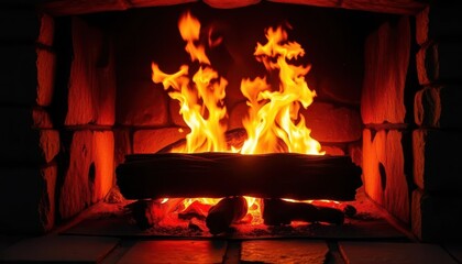 Crackling fire ablaze in a stone fireplace, warm embers glowing, ember, glow
