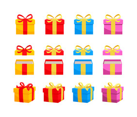 Colorful gift boxes with gold ribbons are waiting to be opened