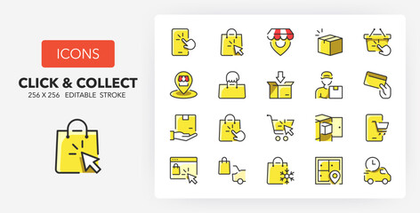 Line icons about shopping online. Contains such icons as click and collect, locker location, shopping bag and more. 256x256 Pixel Perfect editable in two colors