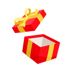 Open red gift box with yellow ribbon floating in the air