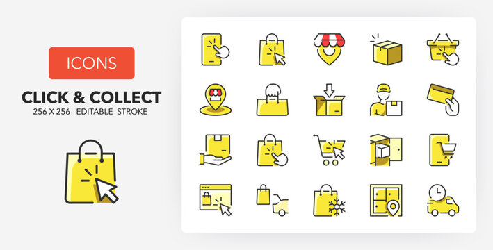 Line icons about shopping online. Contains such icons as click and collect, locker location, shopping bag and more. 256x256 Pixel Perfect editable in two colors