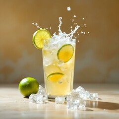 Cocktail splash with ice cubes and lime