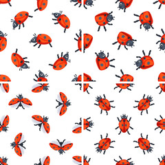 Seamless pattern with cute ladybugs flying and walking on white background