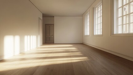 Obraz premium Empty sunlit room with hardwood floors