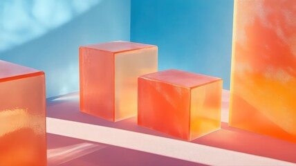 Translucent Orange Cubes on Pink Surface with Soft Sunlight