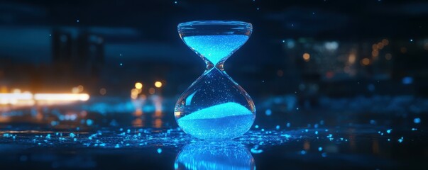 Illuminated hourglass in night cityscape with shimmering blue glow