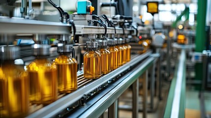 A modern factory with an automated conveyor system assembling machine parts.