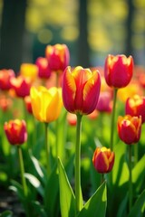 Obraz premium Colorful tulips in full bloom with lush grass, nature scene, colorful tulips, grass