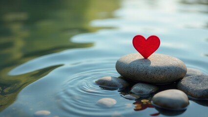 A crimson heart rests gently on smooth, gray stones nestled in tranquil water, reflecting serenity and peace