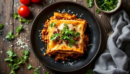 Fototapeta premium Homemade lasagna with minced beef bolognese and bechamel sauce topped wild arugula