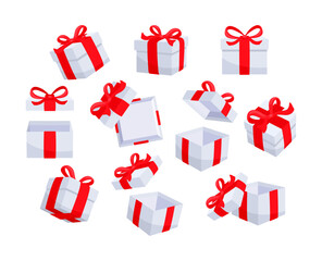 White gift boxes with red ribbons are floating and opening, revealing their empty inside