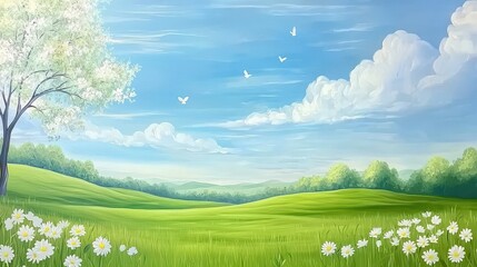 Captivating landscape, solitary tree in a vast, open field painting serene