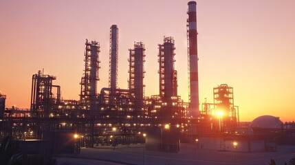 Obraz premium A petrochemical plant at dusk with bright industrial lighting.