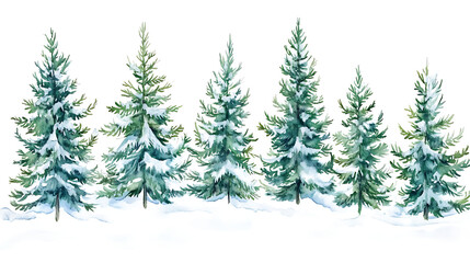 Obraz premium Winter Spruce Forest with Snow-Covered Trees, Watercolor Christmas Landscape in white & transparent