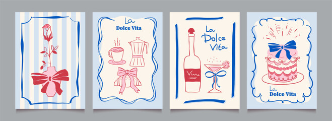 Set of vintage food poster templates with bows and graphics in ink doodle style. Hand drawn modern vector posters for dinner, interior, menu.