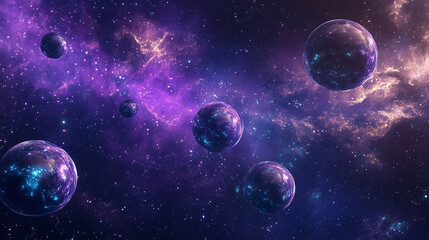 Naklejka premium A mesmerizing cosmic scene featuring glowing orbs floating through deep space, surrounded by a vast purple-hued galaxy. Mysterious and surreal, this celestial landscape evokes a sense of wonder.