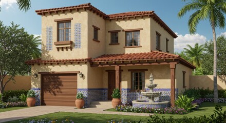 Fototapeta premium Charming two-story house with vibrant tile accents, lush garden, and a tranquil fountain, set in a sunny environment - key west style home designs