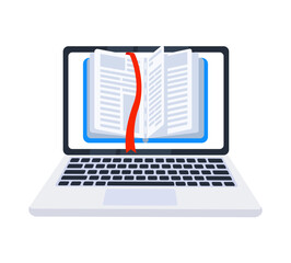 Online education concept with open book and red bookmark showing on laptop screen