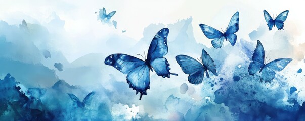 Fototapeta premium Vibrant blue butterflies in artistic watercolor sky with dreamlike clouds