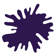 A dark purple ink or paint splatter with irregular, spiky edges and varying thickness in a symmetrical design on a white background.