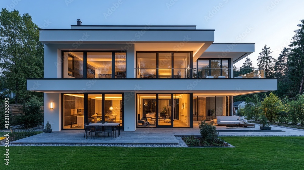 Aufkleber striking contemporary home set against a twilight sky, featuring clean lines and large windows. soft