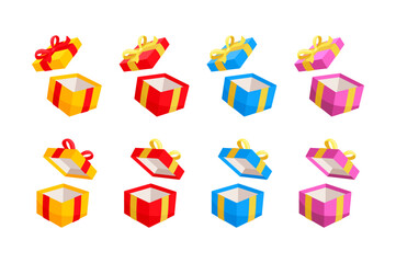 Colorful open gift boxes with ribbon and bow floating on white background